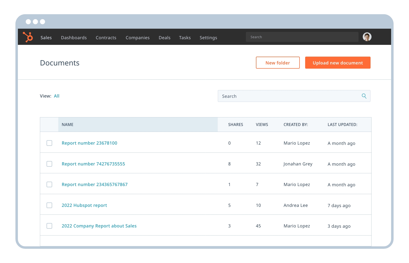 A list of documents on the HubSpot platform.