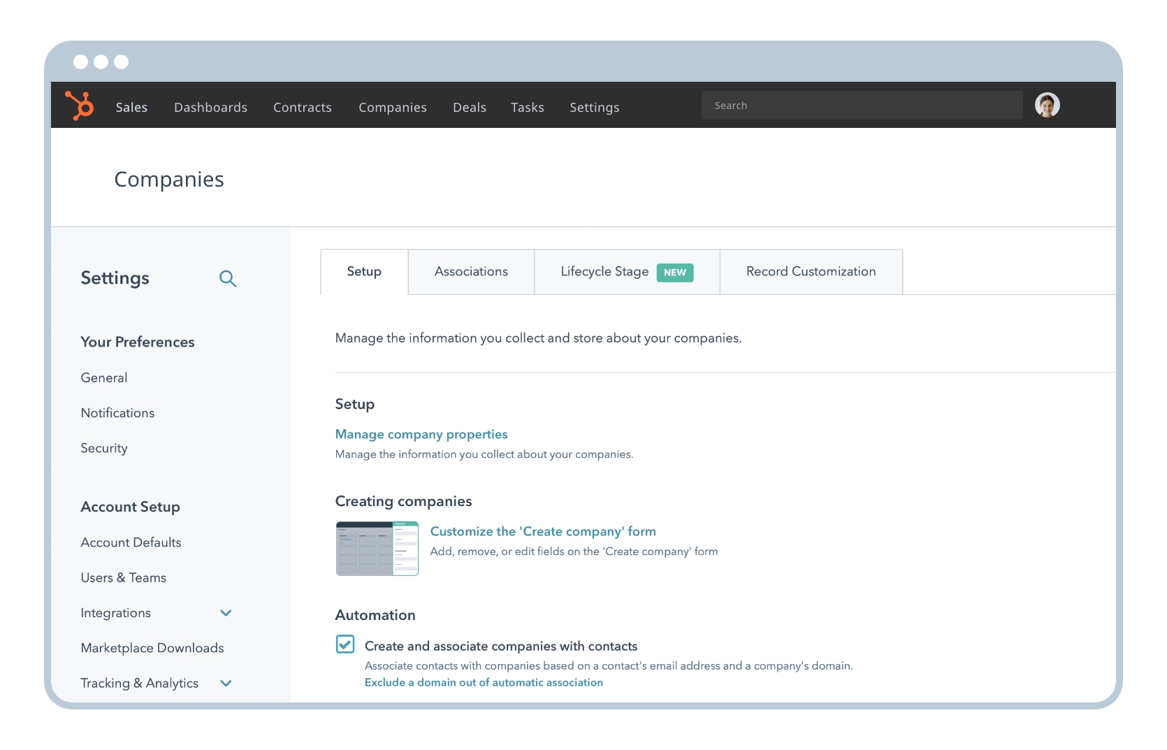 Automation settings for companies on the HubSpot platform.