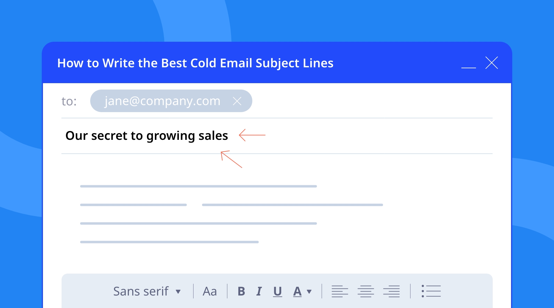 An email pop-up window with cold email subject lines.